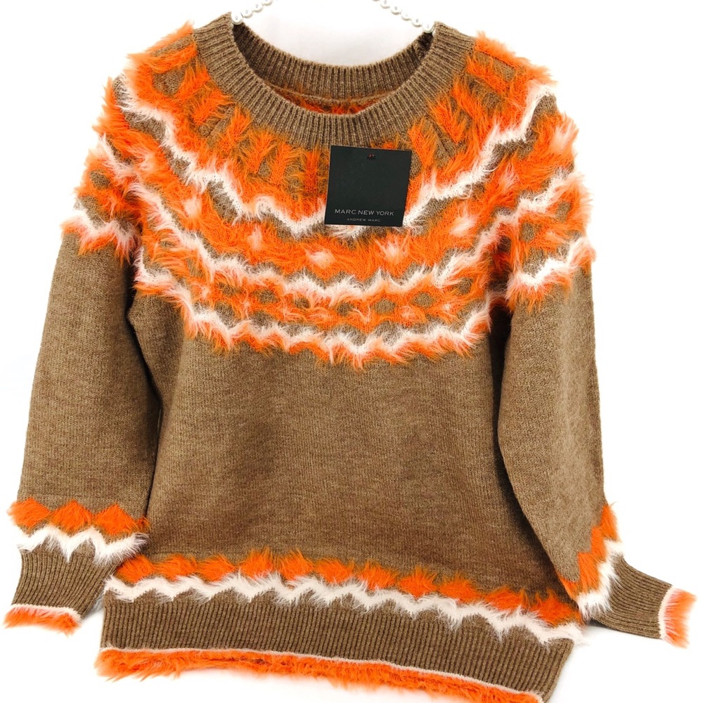 NWT Andrew Marc Orange Camel Cozy Faux Fur Sweater MED